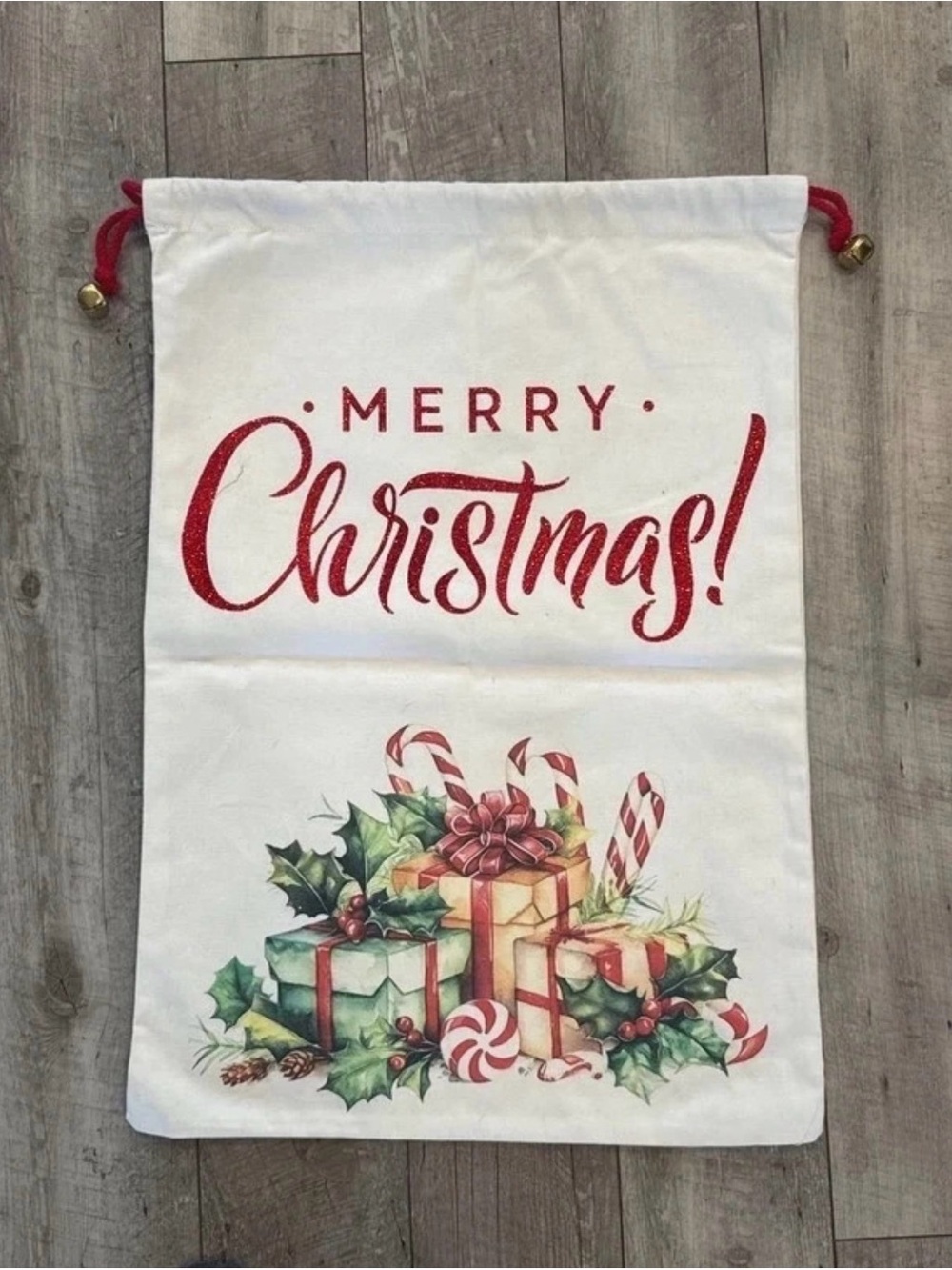 Double Sided Merry Christmas Santa Sack w/ Jingle Bells 27×19 NWOT